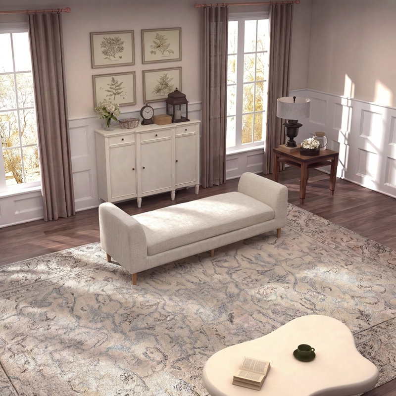 Banc moderne de 83 po de largeur avec accoudoirs et 2 traversins, Beige