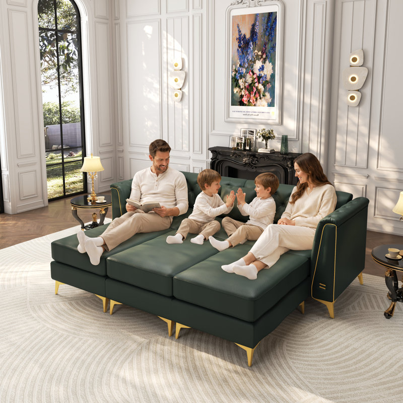 Canapé Chesterfield 3 places modulaire avec coussins capitonnés vert pour salon, appartement, Similicuir vert