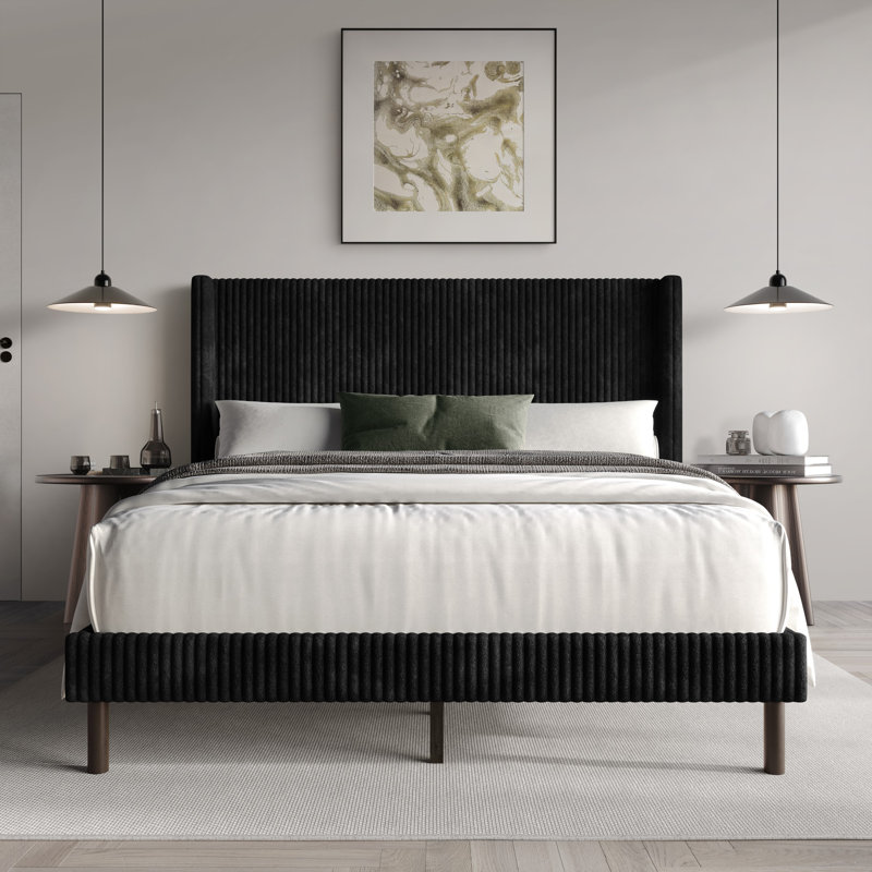 Duluth Upholstered Wingback Platform Bed, Black, Queen