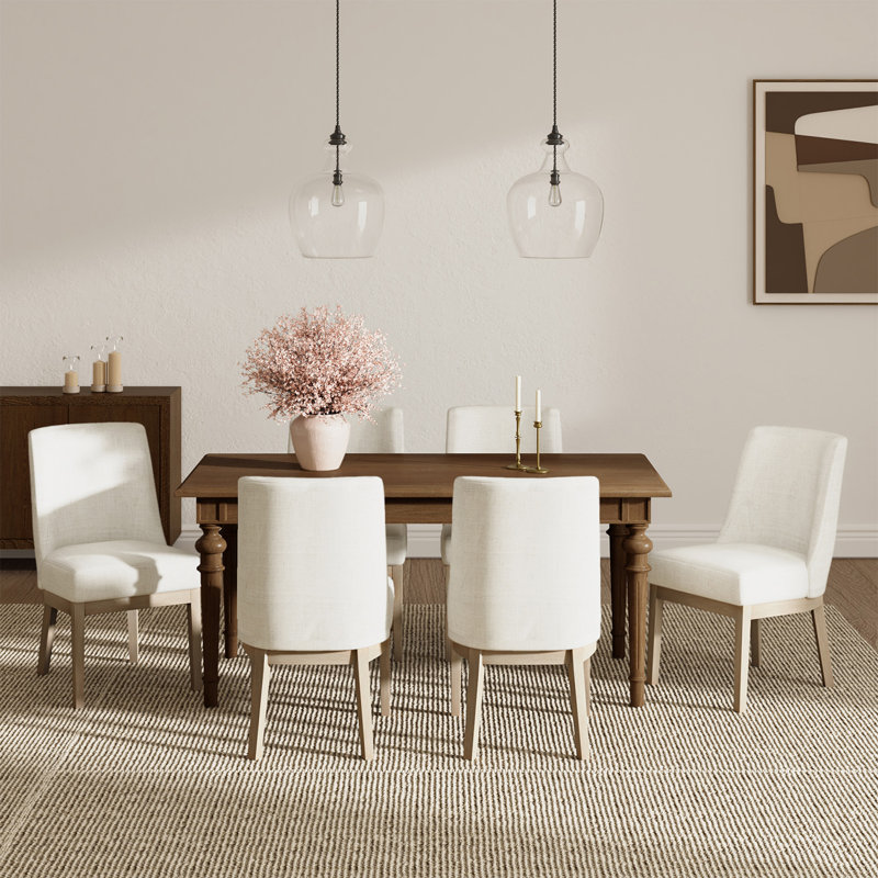 Dorlene 7-Piece Farmhouse Four Leg Dining Set, Oak, Ivory