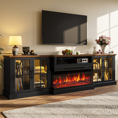Meuble télé 98 po avec foyer électrique pour téléviseur de 100 po ou moins, très grand centre de divertissement avec foyer électrique à 3 côtés, lumières DEL, armoires en verre et tablettes de rangement réglables