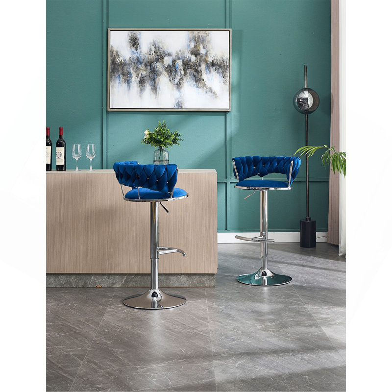 Ensemble de 2 tabourets de bar, avec repose-pieds chromé et base pivotante en velours à hauteur réglable et tabouret de bar simple chromé