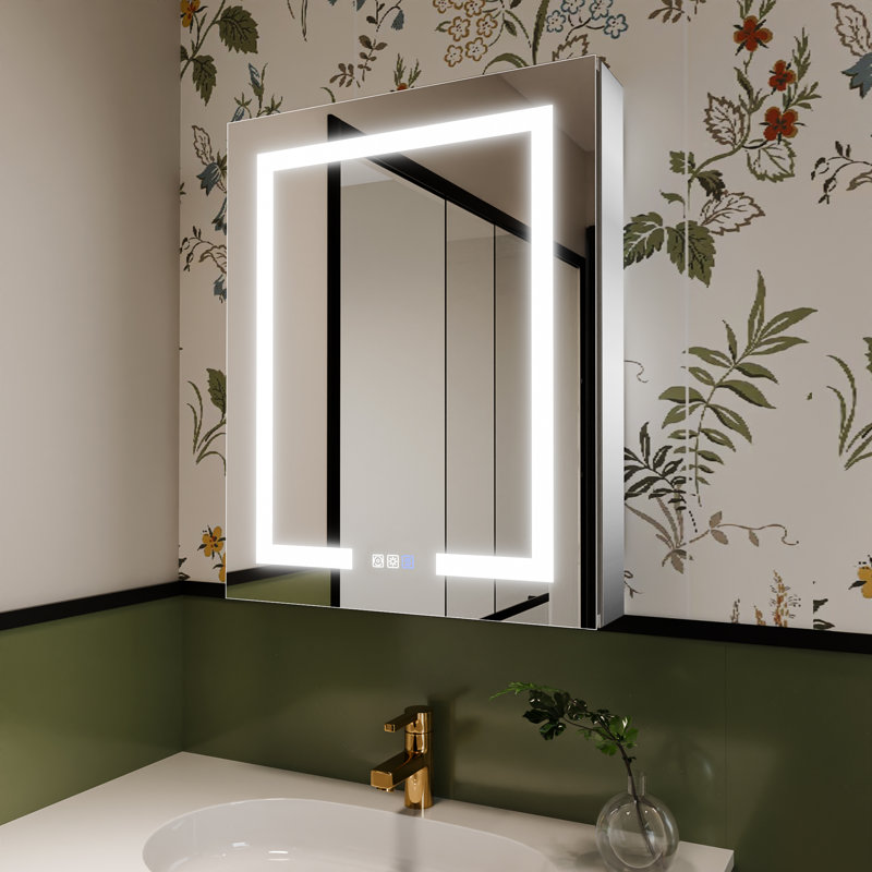 Livvia Recessed or Surface Mount Frameless LED Medicine Cabinet with Electrical Outlet and Anti-fog, Left, Silver
