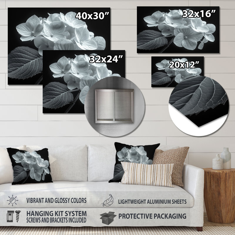 Monochromie élégante silhouette hortensia - impression d'art mural hortensia, Sans cadre, métal, H 24 po x l 32 po