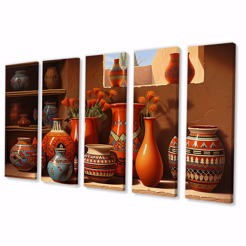 Ensemble de 5 vases mexicains en terre cuite à fleurs orange - fenêtre florale, H 28 po x l 60 po