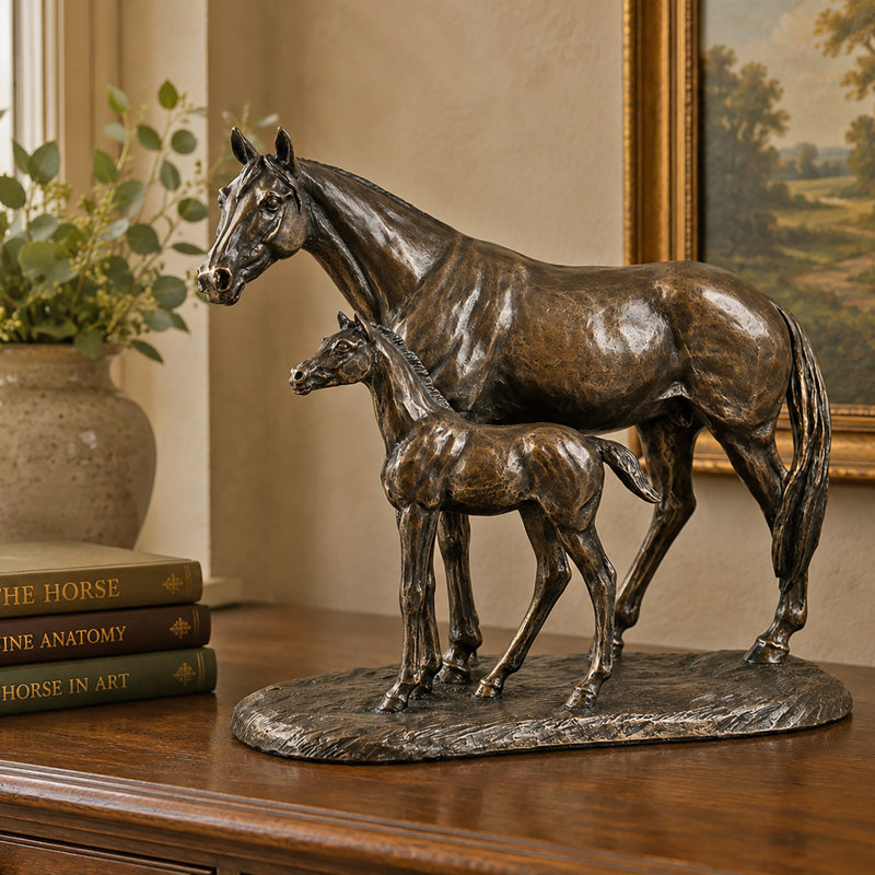 Animal Mare And Foal Horse Bronze Figurine