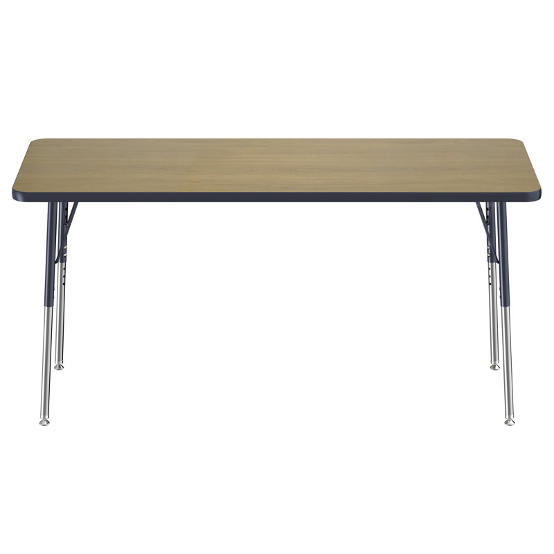 Rectangle T-Mould Adjustable Height Activity Table, 30" H x 60" L x 24" D, Pasadena Oak/Navy/Silver, Standard Swivel Glide
