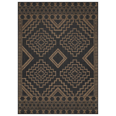 Geometric Border Easy-Care Jute-Style Indoor/Outdoor Flat Woven Area Rug