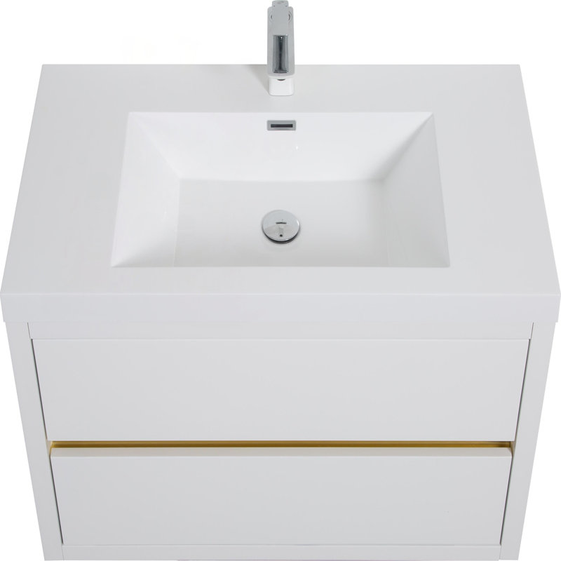 Meuble-lavabo mural de 36 pouces avec lavabo, armoire de rangement flottante, comptoir en résine de pierre et tiroirs à fermeture en douceur, entièrement assemblé, finition blanc brillant