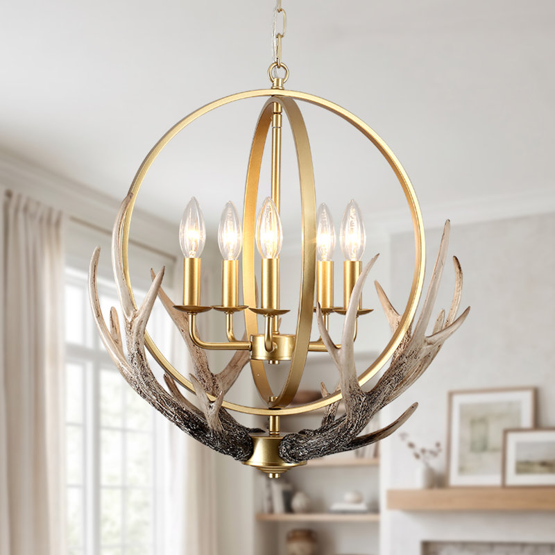 Lustre de ferme rustique à intensité variable 20,4 "avec résine 4 - bois de cerf et abat-jour en métal rétro, Spray Gold