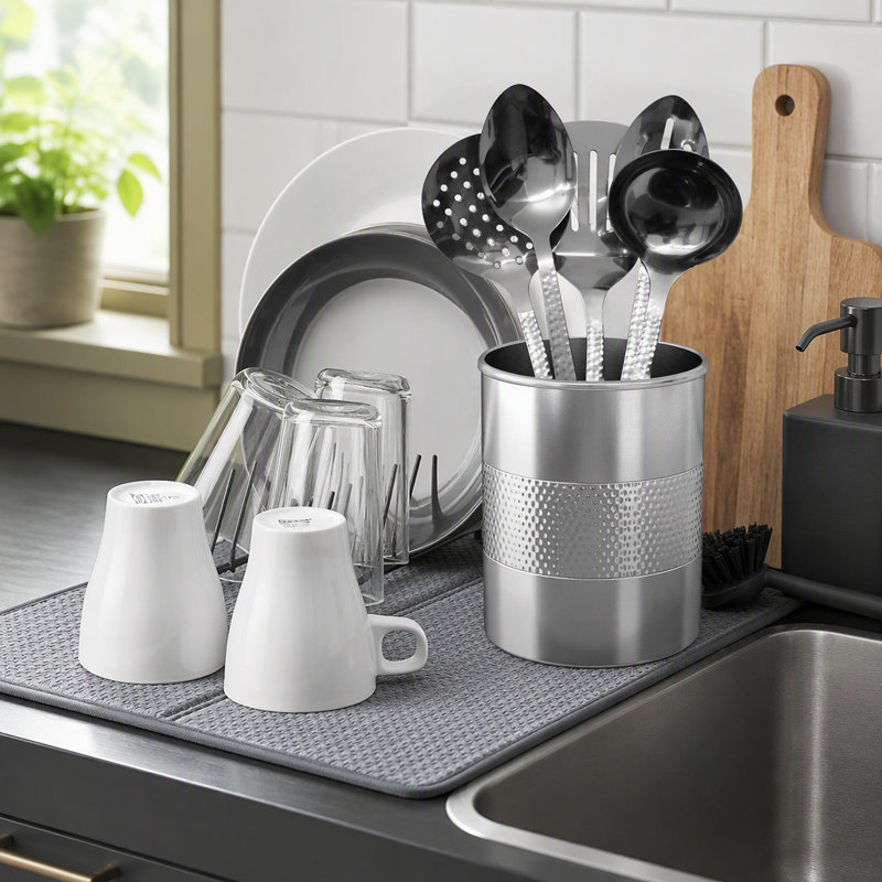 Porte-ustensiles en acier inoxydable avec fini miroir martelé, compact et durable pour les cuisines modernes