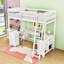 Lit mezzanine en bois Karthika avec bureau en U, tiroirs, échelle et tablettes de rangement-951052710-959556299