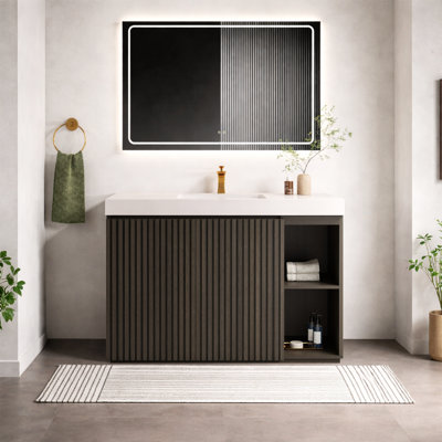 Meuble-lavabo de salle de bain moderne avec lavabo autoportant en chêne fumé de style moderne 48 po