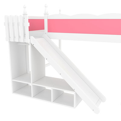 Grand lit mezzanine avec tablettes de rangement et garde-robe, lits mezzanine en bois massif avec glissières et échelles amovibles, aucune boîte à ressorts nécessaire, rose et blanc. (Protection par brevet)