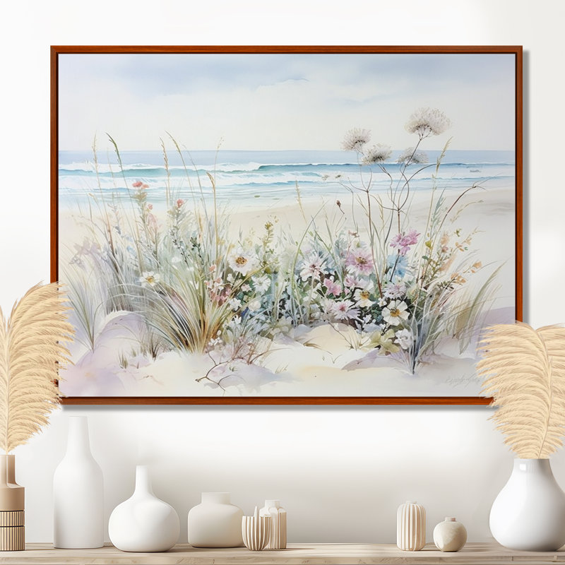Fleurs sauvages sur la plage - Art mural fleurs sauvages, H 12 po x l 20 po, Reproduction avec cadre flottant, Brun
