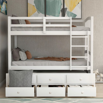 Twin Bunk Bed with Ladder &amp; Safety Rail, Twin Trundle Bed &amp; 3 Drawers for Bedroom (White, Solid Pine, No Box Spring Needed)
