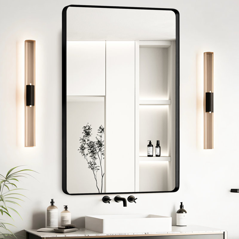 Miroir de salle de bain 23 po x 30 po dans un cadre en aluminium noir avec verre flotté HD pour une réflexion claire et nette.