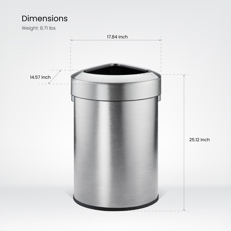 Poubelle à couvercle ouvert 16 gallons en acier inoxydable avec zone triangulaire Home Zone Living, argent, 60 litres
