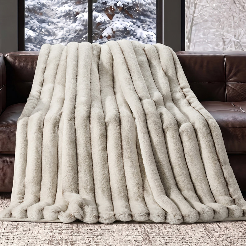 Luxury Channel Faux Fur Throw Blanket, Cream White & Beige