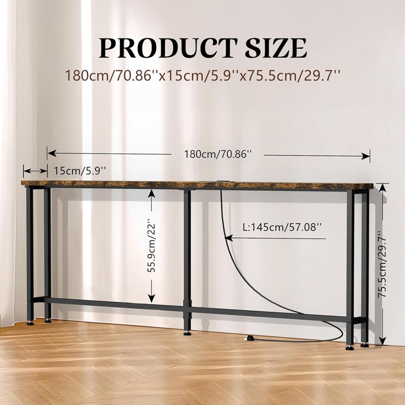 70-Inch Sofa Table With Built-In Power Strip - 2 AC Outlets & 2 USB Ports, Long Console Table With Metal Frame, Easy Assembly For Behind Couch, Living Room, Or Home Office