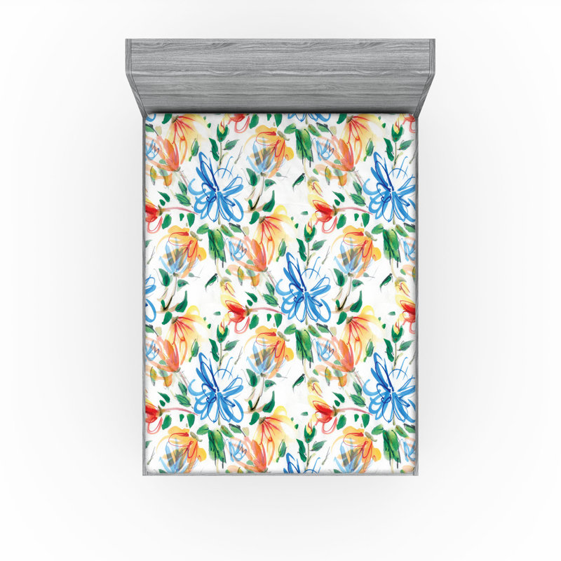 Drap-housse Ambesonne, Bleu ciel profond, vert foncé / floral, Drap-housse très grand californien