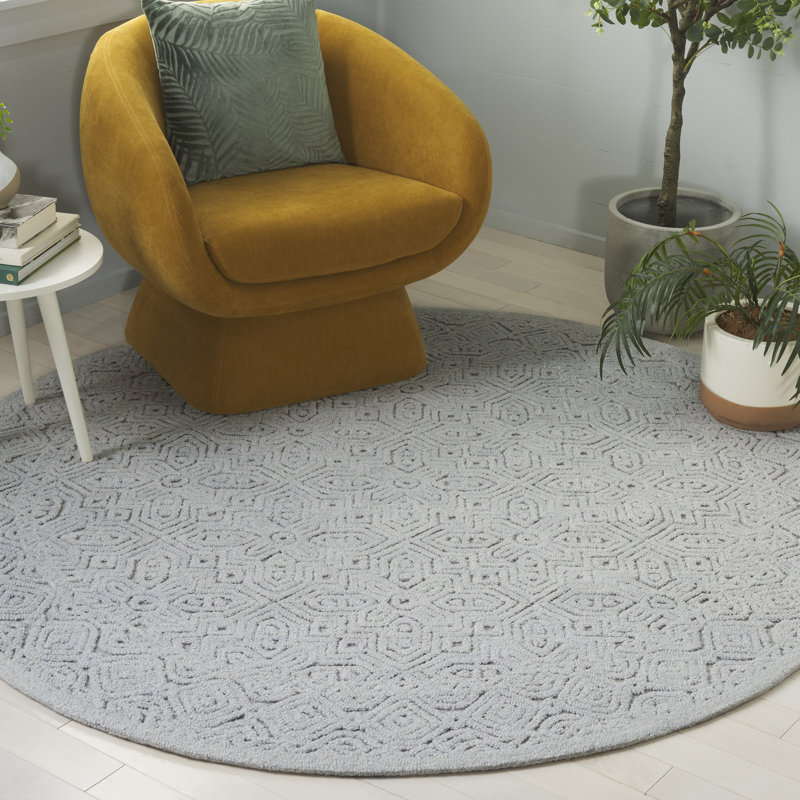 Thionville Hand Tufted Wool/Cotton Abstract Rug in Silver, Round 6'