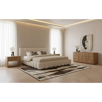 Harris + Roma - Modern Off-white Fabric + Oak 4-piece Bedroom Set