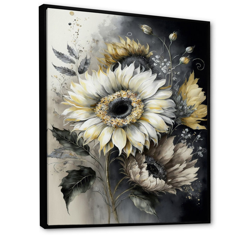 Tournesol blanc - art mural grand tournesol, H 44 po x l 34 po x P 1,5 po, Toile avec cadre flottant noir