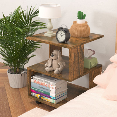 Table de chevet cubique à 3 niveaux, table de bout asymétrique en bois manufacturé avec patins anti-rayures, table de chevet en bois naturel pour petites chambres