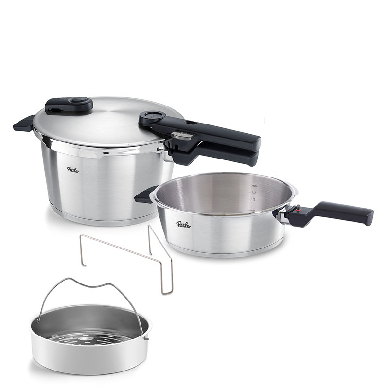 Vitaquick® Premium 2 Piece Set: 2.6 Quart Pressure Skillet And 4.8 Quart Pressure Cooker With Steamer Insert And Tripod