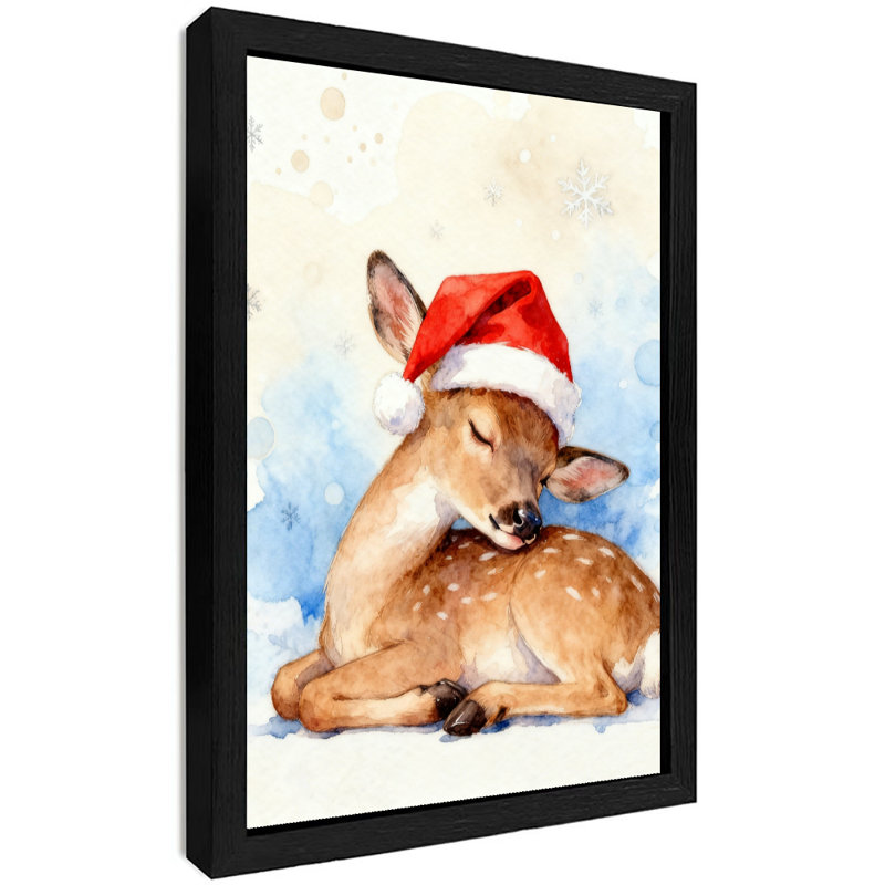 Renne de Noël rétro encadré noir portant un chapeau de père Noël, impression d'art de style rétro, H 11 po x l 9 po