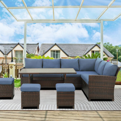 Canapé modulaire d'extérieur en osier 7 pièces 7 pièces avec coussins bleus avec repose-pieds et table de salle à manger