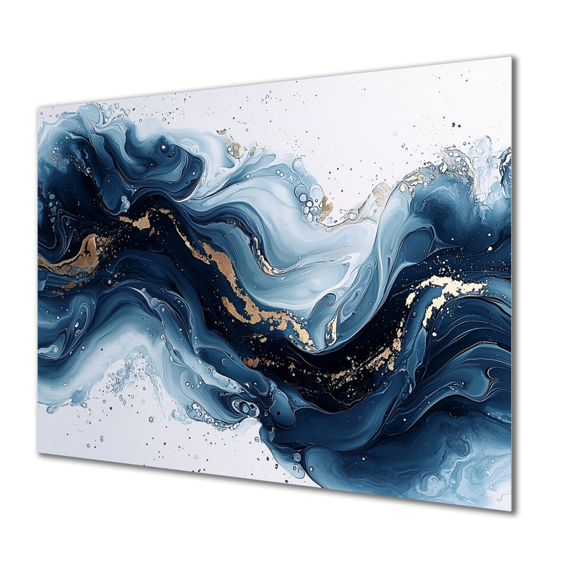 Or et bleu céleste fluidité II - art mural abstrait à l'encre liquide, impression d'art moderne en métal, H 30 po x l 40 po