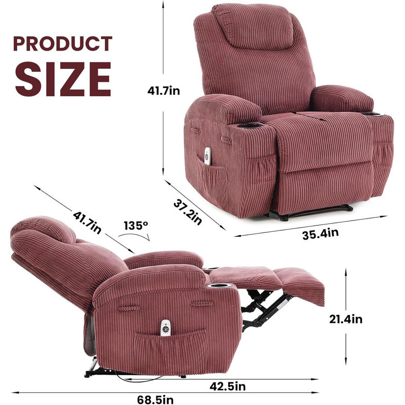 Electric Recliner Chair , Corduroy Power Recliner with 2 Side Pockets, Tool-Free Setup, Pink
