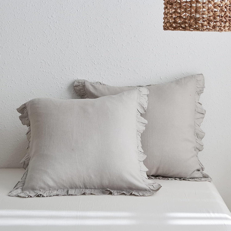 Housses de taies décoratives 100% lin à volants, 2 pièces Housses de coussin 26 x 26 pouces, Gris clair