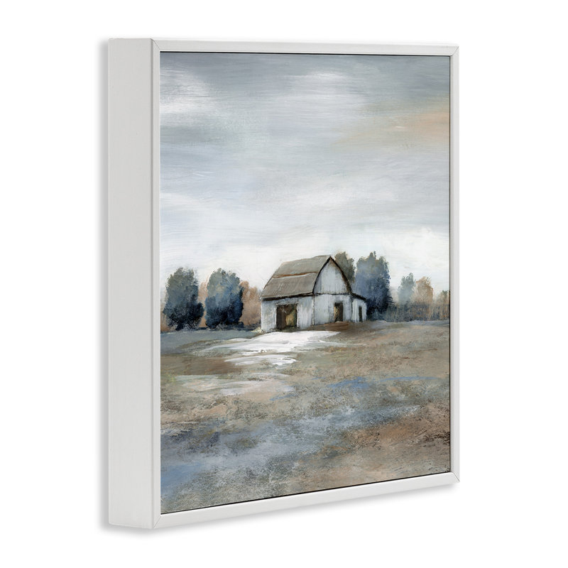 Countryside Barn Neutral Tones Landscape Canvas Print in White Frame