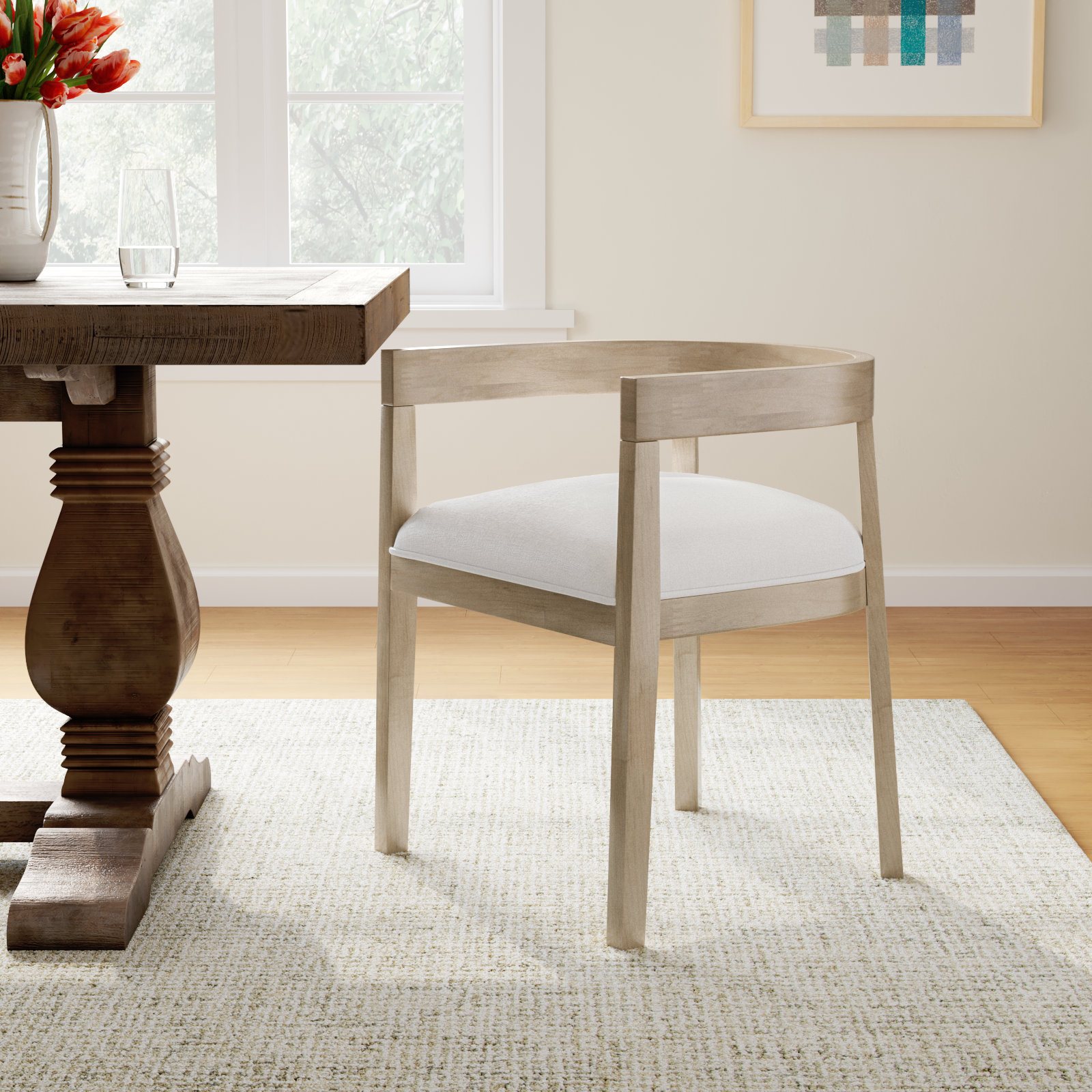 Daney Barrel Back Dining Chair, Beige Polyester Blend, Light Ash