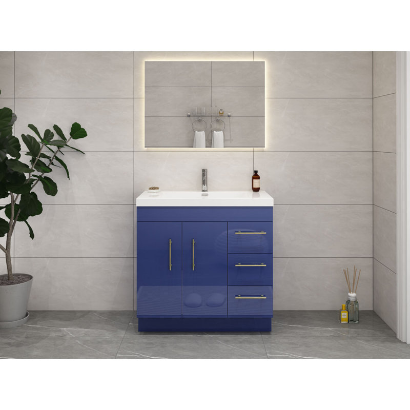Meuble-lavabo simple 36 po Carliss, Bleu nuit brillant, Argent