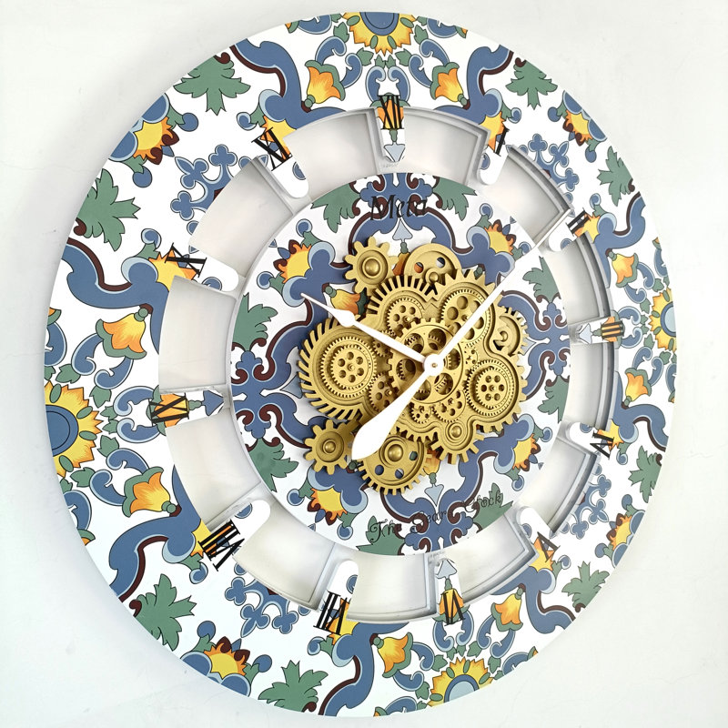 Oversized 36" Multicolor Metal and Wood Wall Clock with Moving Gears