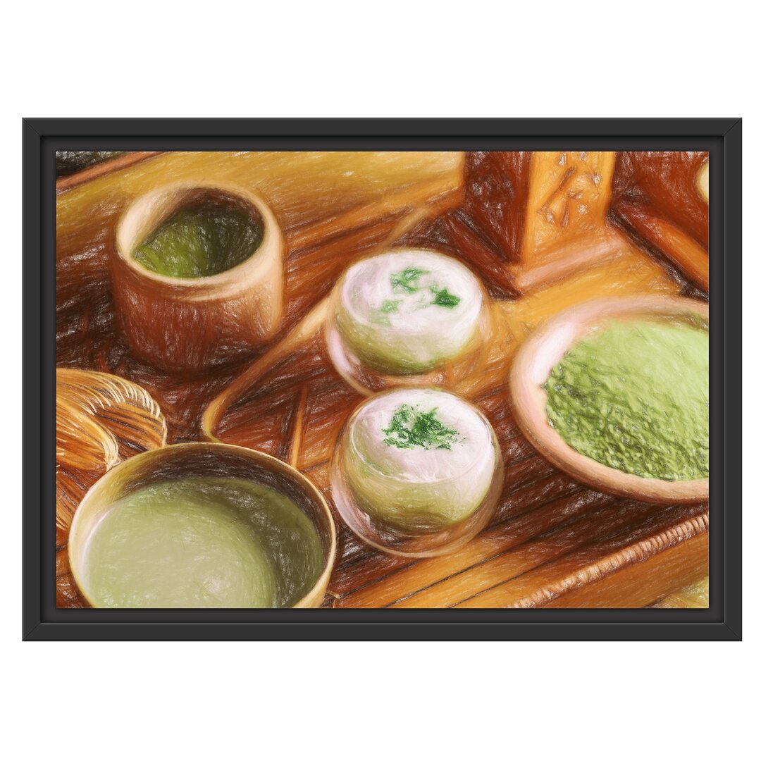 Gerahmtes Wandbild schön dekorierter Matcha Tee