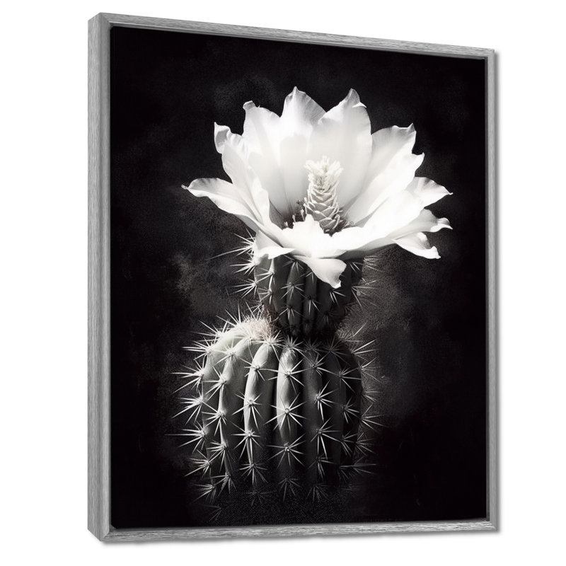 Cactus noir et noir, collage minimal - art mural sur toile florale, H 32 po x l 16 po x P 1 po, Cadre argenté flottant