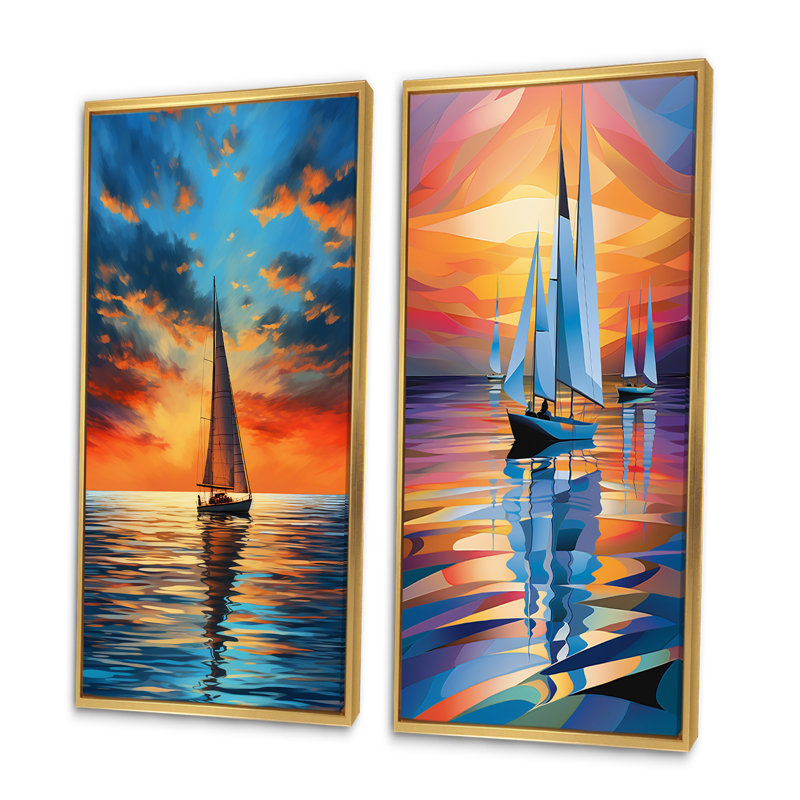 "Voilier Harmony en mer" 2 pièces, Encadrement doré, H 32 po x l 32 po
