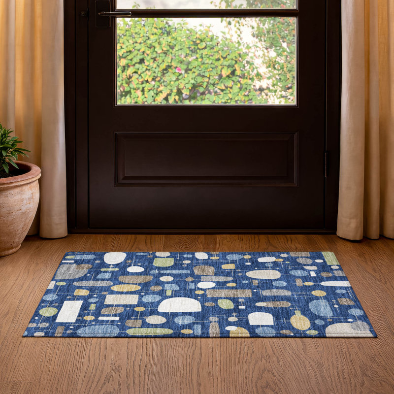 Premium Machine Washable Mayfield AMF2393 Geometric Rug, 1'8" x 2'6", Navy