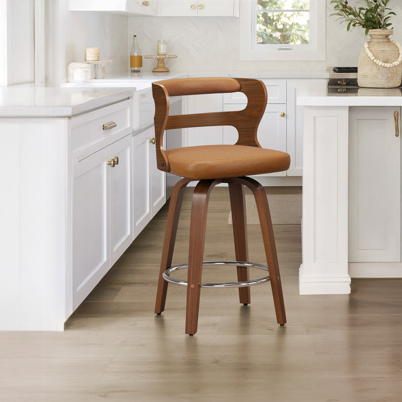 Liahna Swivel Upholstered Bar Stool with Wood Frame, Light Whiskey Brown/Brown