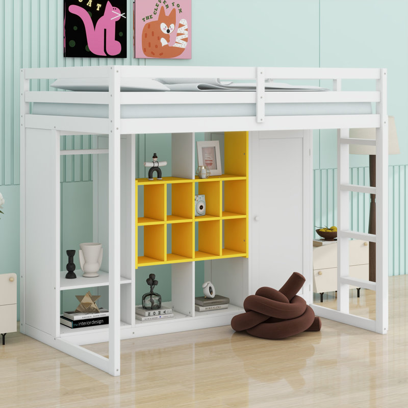 Lit mezzanine en bois avec garde-robe, tablettes et armoire, Blanc / jaune, Lit simple
