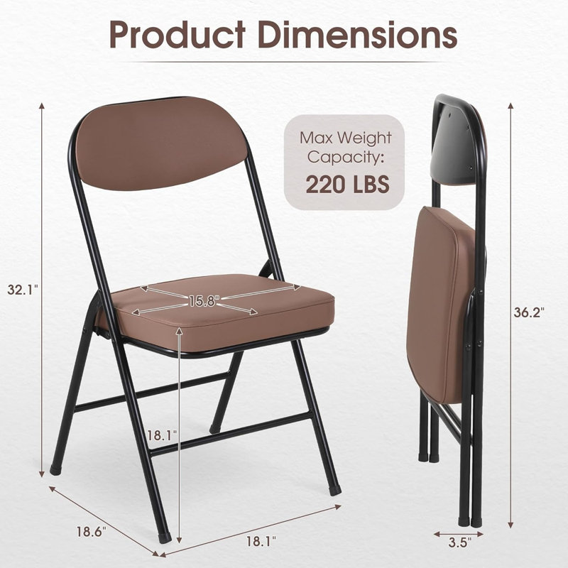 Chaises pliantes avec coussin, ensemble de 4 chaises pliantes rembourrées avec structure en métal durable, aucun assemblage requis pour la fête et la maison - brun