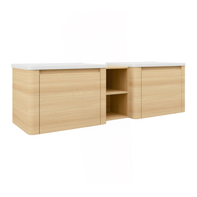 Meuble-lavabo mural de 68 po avec lavabo en céramique blanche et tablettes de rangement et 2 portes à fermeture en douceur, emballage KD, contreplaqué, chêne blanc américain