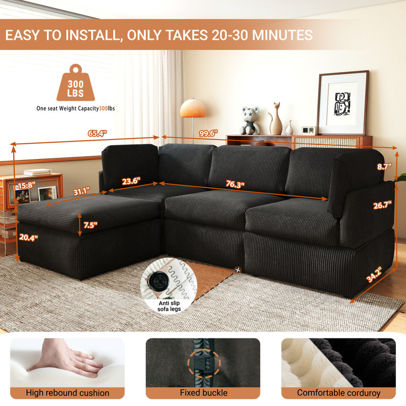 Canapé modulaire 100 po en velours côtelé de luxe 100 po - 4 pièces canapé en L surdimensionné avec repose-pieds en noir