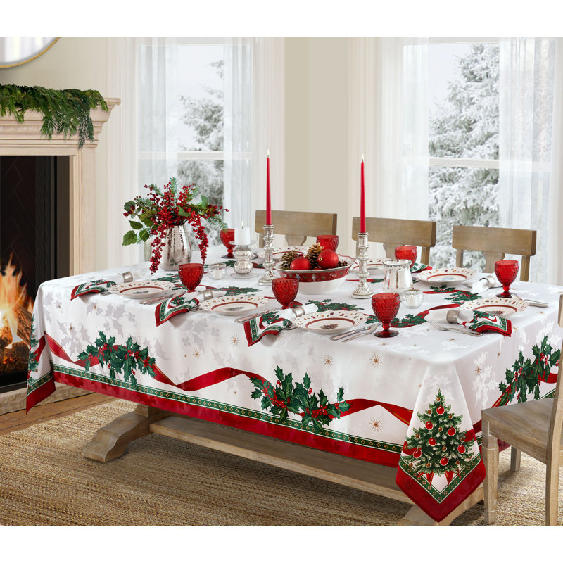 Villeroy & Boch Christmas Holly Damask Fabric Tablecloth, 60" x 144"