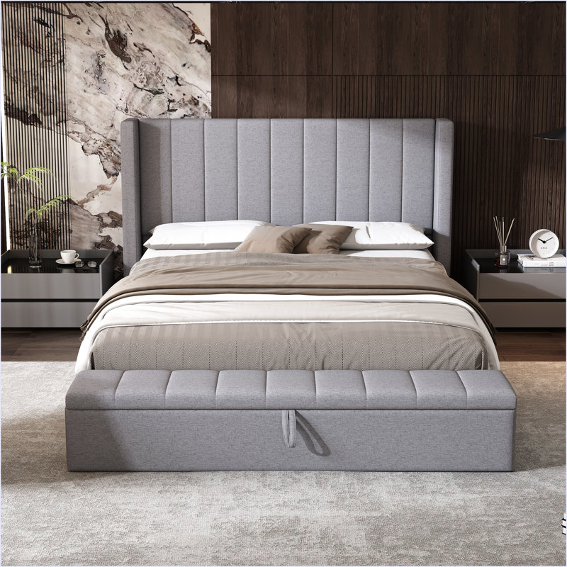 Grand lit plateforme avec tête de lit et lit tapissier avec rangement